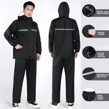 1Set Hooded Coat and Pant Rain Suit for Women Men Outdoor Waterproof Rain Gear with Reflective Strip Motocycle Riding Raincoat