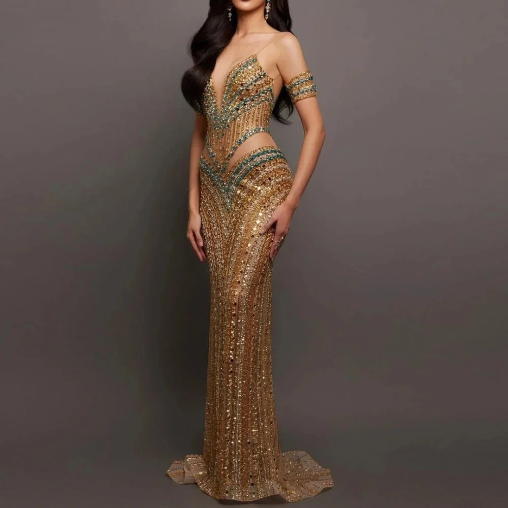 فساتين سهرة كلاسيكية مطرزة بأحجار الراين لامعة بدون أكمام فستان حورية البحر للحفلات الراقصة مخصص بطول الأرض كريستال للحفلات #3