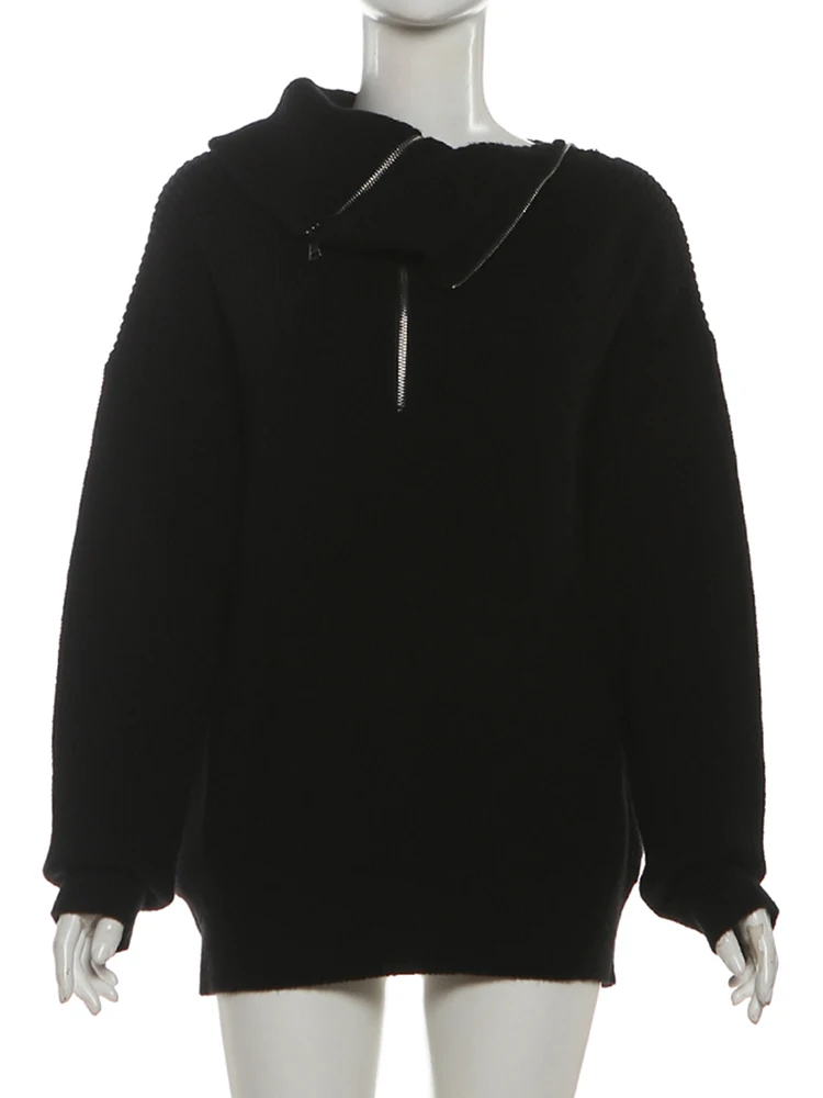 Whatiwear Unregelmäßiger Reißverschluss-Dekorations-Reverspullover für Damen, Herbsttrend, gehäkelt, volle Ärmel, täglich, lässig, Oversize-Stil, klassisches Oberteil