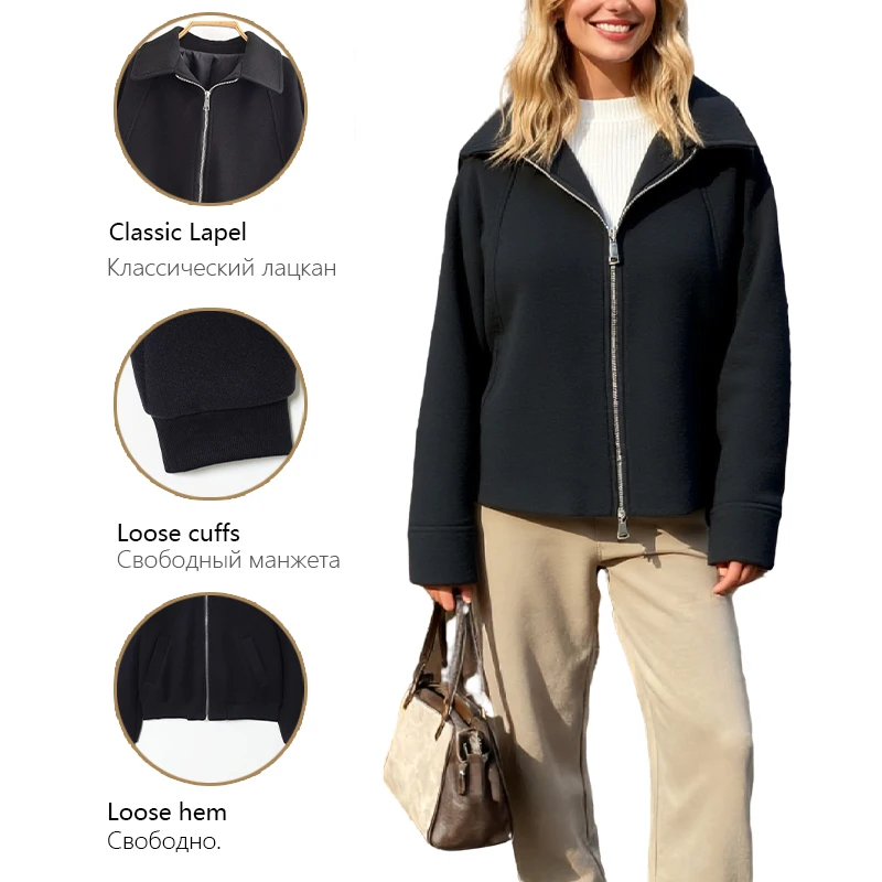 Jaqueta casual feminina lapela manga comprida jaqueta com zíper elegante e versátil deve ter para outono e inverno trafizaran