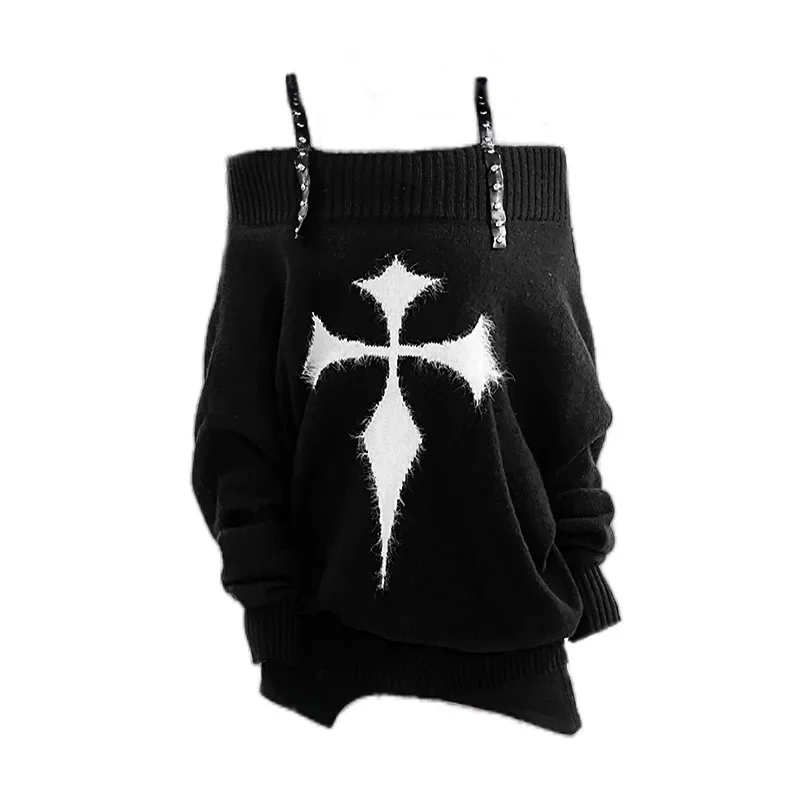 Spicy Girl Off-shoulder Long-sleeved Pullover Sweaters Autumn and Winter Halloween Dark Style Loose All-match Thin Knitted Tops