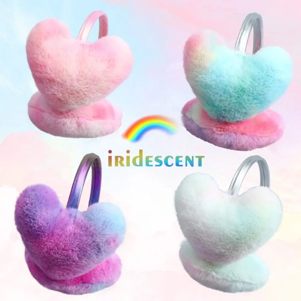 Creative Plush Ear Warmer Rainbow Color Thickened Ear Cover Heart-Shaped Winter Warm Ear Protection Earmuffs for Women