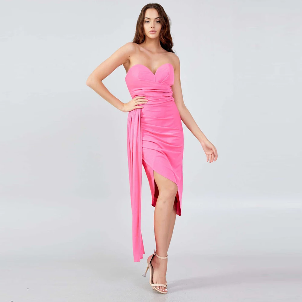 

Women Exquisite Straight Sweetheart Tea Length Sleeveless Zipper Back Ribbons Pink Party Dress Evening Dress Pleats Saudi Arabia