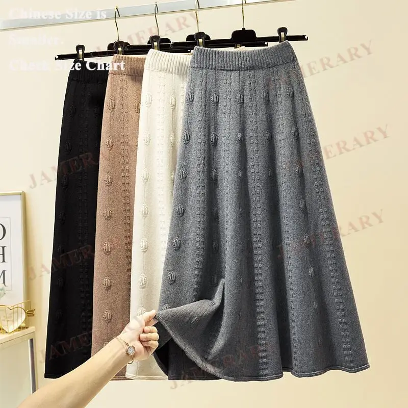 

Autumn Winter Knitted Midi Skirt For Women Thickened Woolen Long Skirt Lady Knitting Spring Clothes