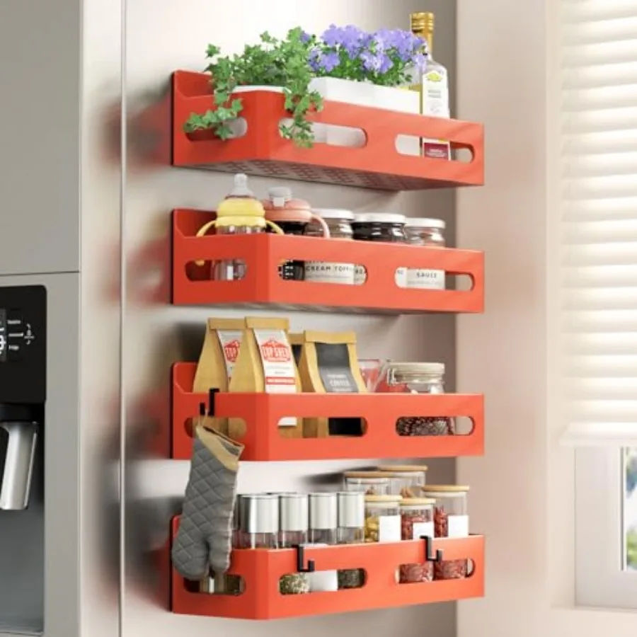 

Strong Magnetic Spice Rack for Refrigerator, Multipurpose Magnetic Shelf for Fridge with 4 Hooks for kitchen and Bathroom Organ