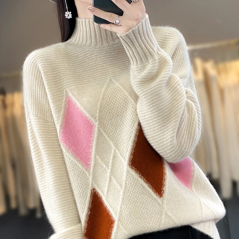 Pullover, cashmere sweater, women\'s loose knit, simple 100% wool, women\'s half high collar, new product, full sleeve sweater,