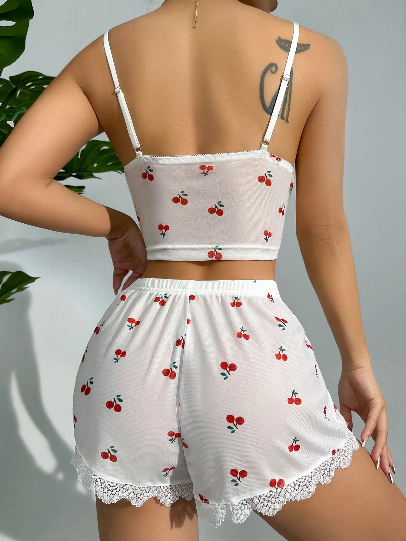 2PCS Cherry Print Sling Deep V BacklessTop White Shorts Set Summer New Women Breathable Sexy Cute Pajama Set Homewear Pajamas