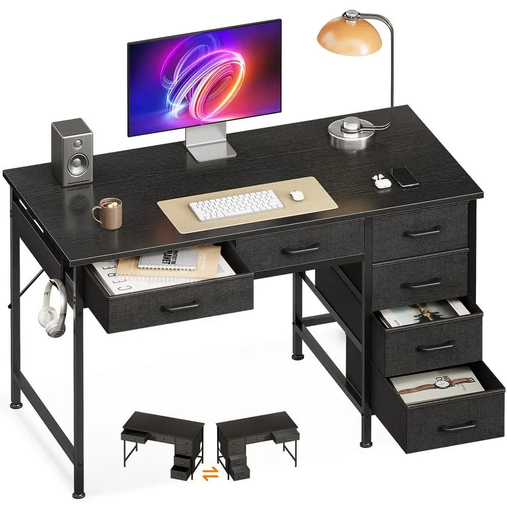 

40 Inch Small Computer Desk with 6 Drawers, Reversible Storage Desk for Home Office, Work Study Table for Bedroom, Black