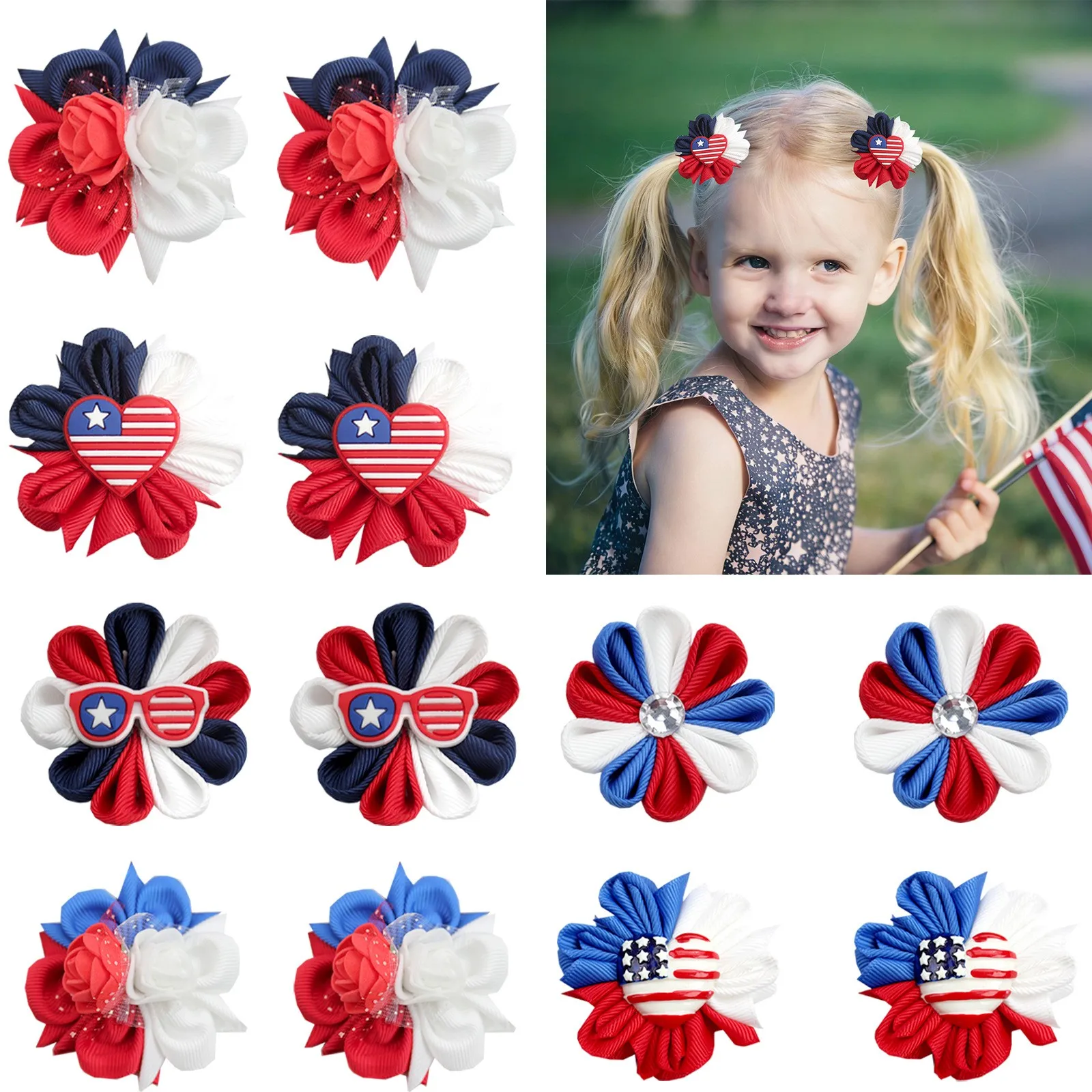 

36pc Patriotic American Flag Hair Bow Clips Red White Blue Ribbon Flower Barrettes 4th of July Party Headwear Bulk Accessory