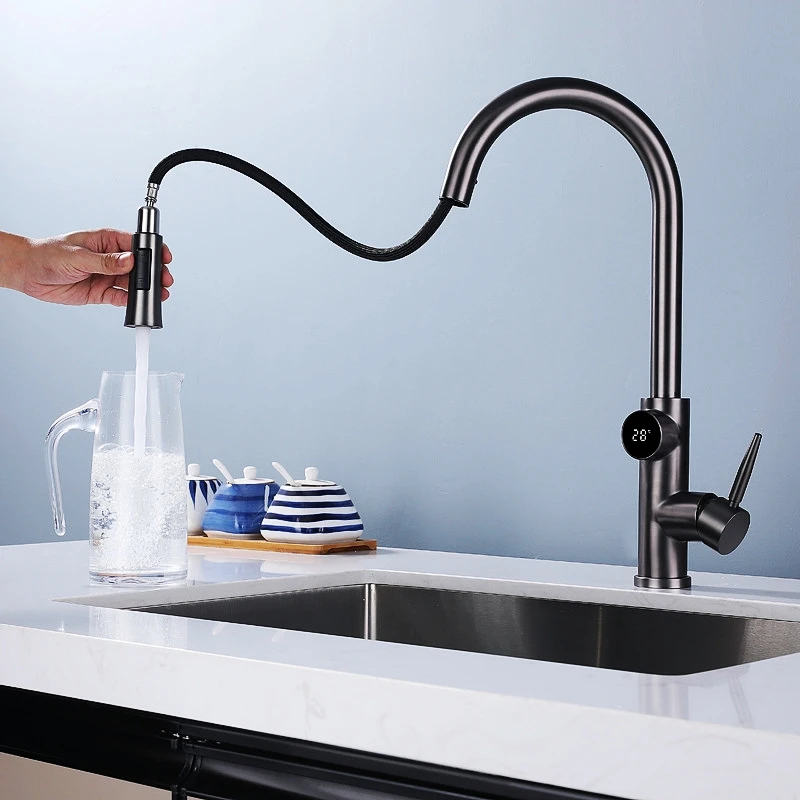 Digital Temperature Display Gray Faucet Kitchen Faucet Single Handle Pull Out Spout Kitchen Sink Mixer Hot And Cold Water Taps