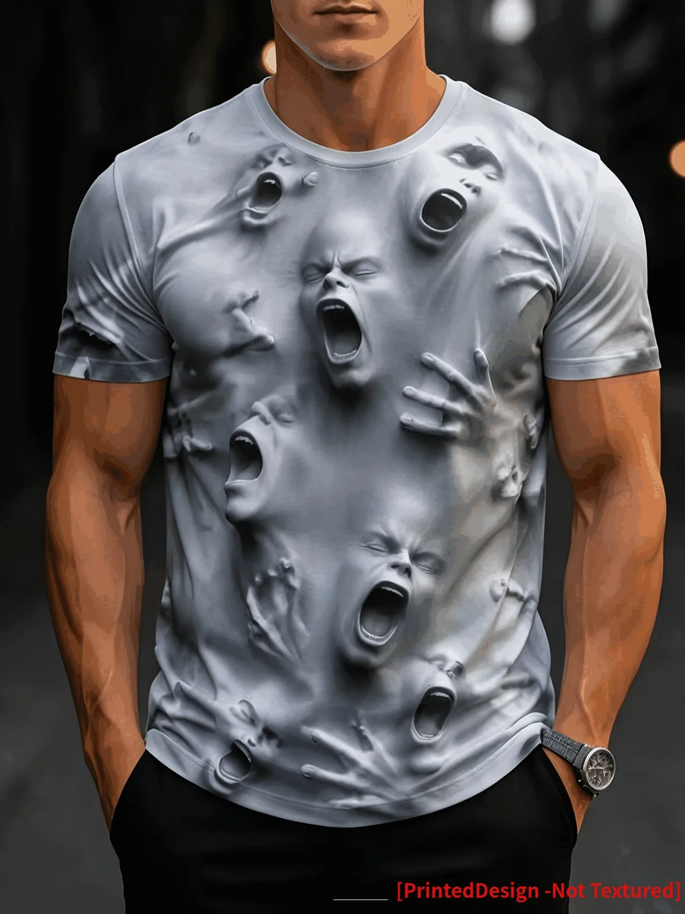 Men’s 3D Screaming Faces Graphic T-Shirt Horror Skull Hand Print Short Sleeve Crewneck Tee, Casual Streetwear Top for Halloween