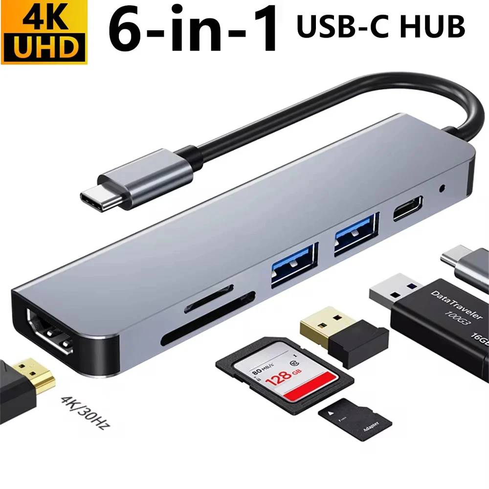 6 in 1 Type-C HUB 4K HDMI-Compatible Dock SD/TF Card Reader for MacBook Pro Nintendo Switch Notebook USB-C 3.0 Multiport Adapter