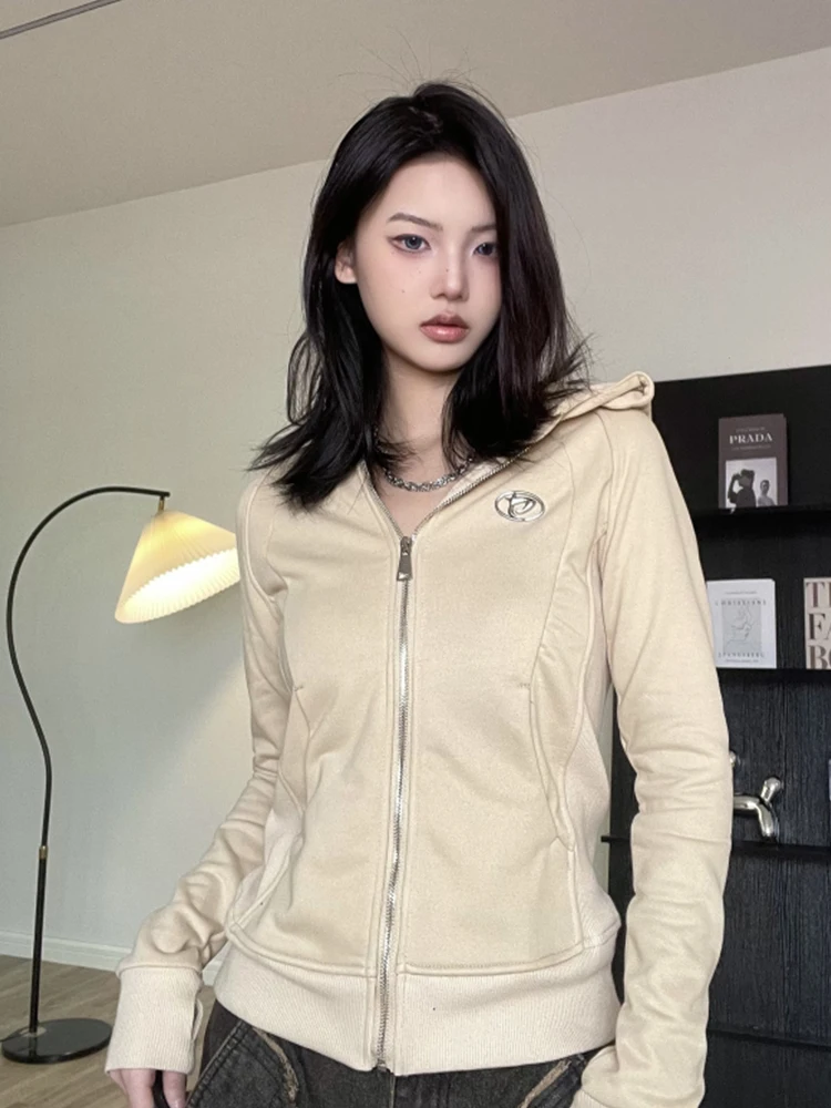 

Белая женская толстовка-кардиган на молнии с капюшоном, приталенная, в уличном стиле, с длинным рукавом, однотонная, осенняя новинка