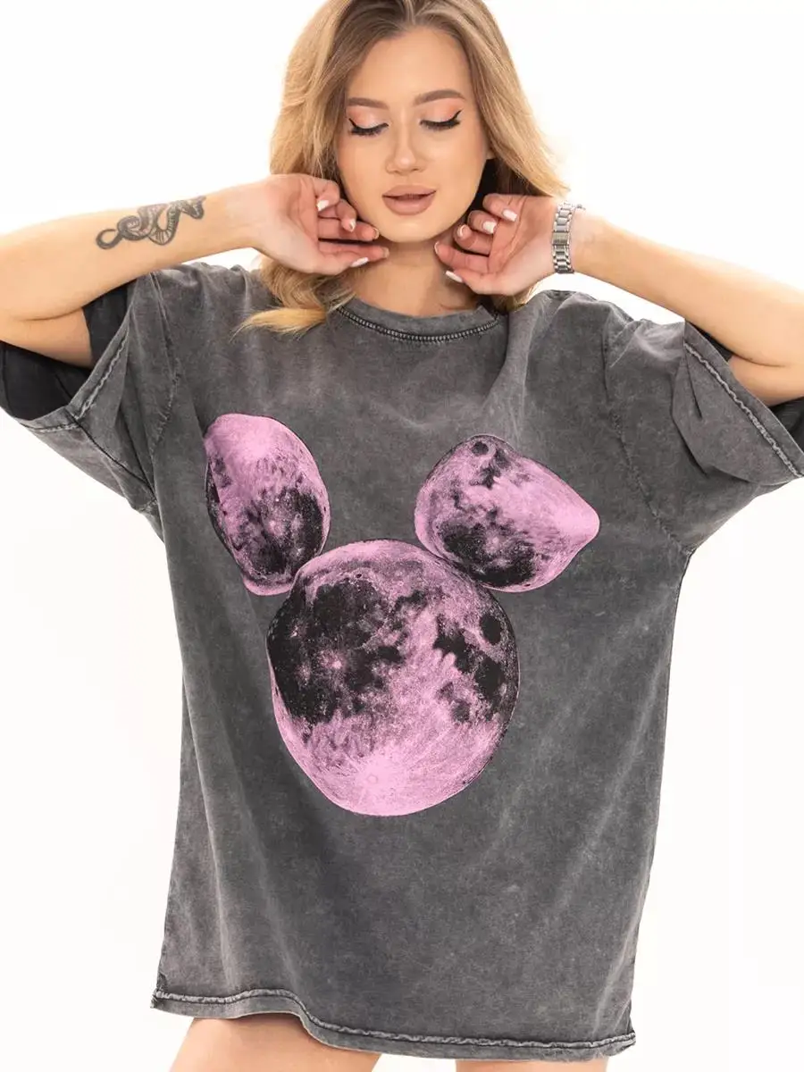 Cotton Washed T-shirt for Women Pink planet Printing Tops Loose O-Neck Oversized Tee Y2k Female Clothes Vintage Short Sleeve