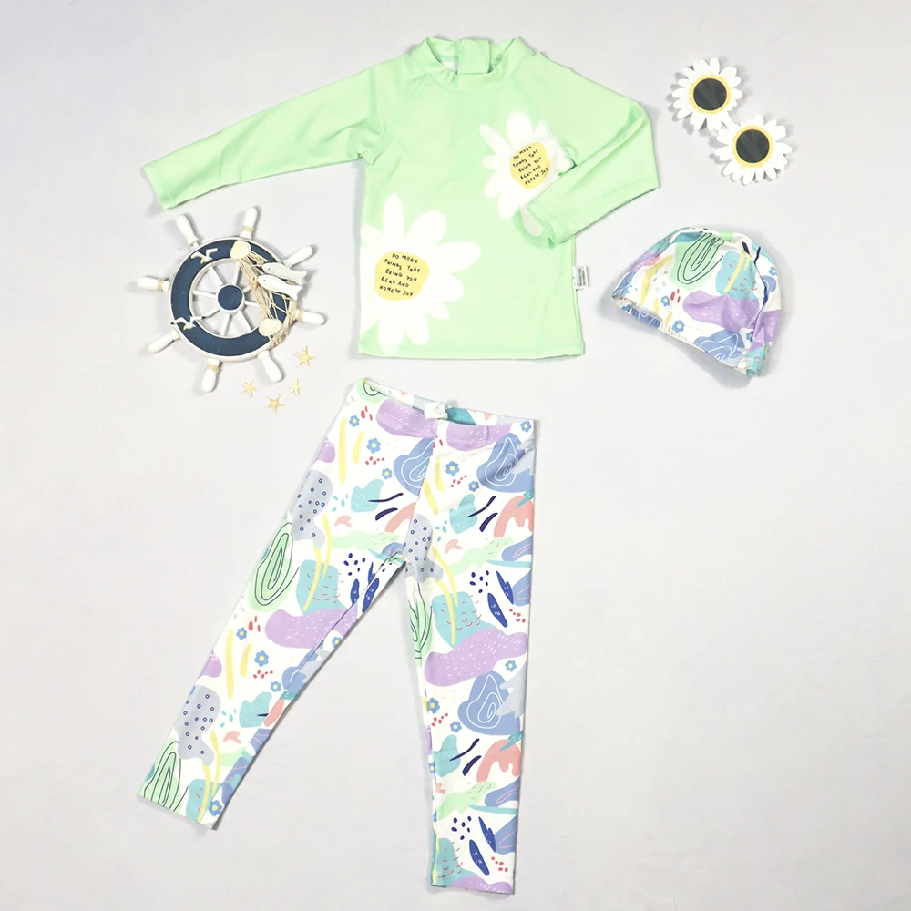 3PCS Girls Sunscreen Swimwear Swimsuit Three Piece Top Printing Pants with Cap Long Sleeve Beach for Children Quick Drying Set