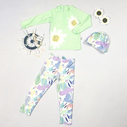 3PCS Girls Sunscreen Swimwear Swimsuit Three Piece Top Printing Pants with Cap Long Sleeve Beach for Children Quick Drying Set