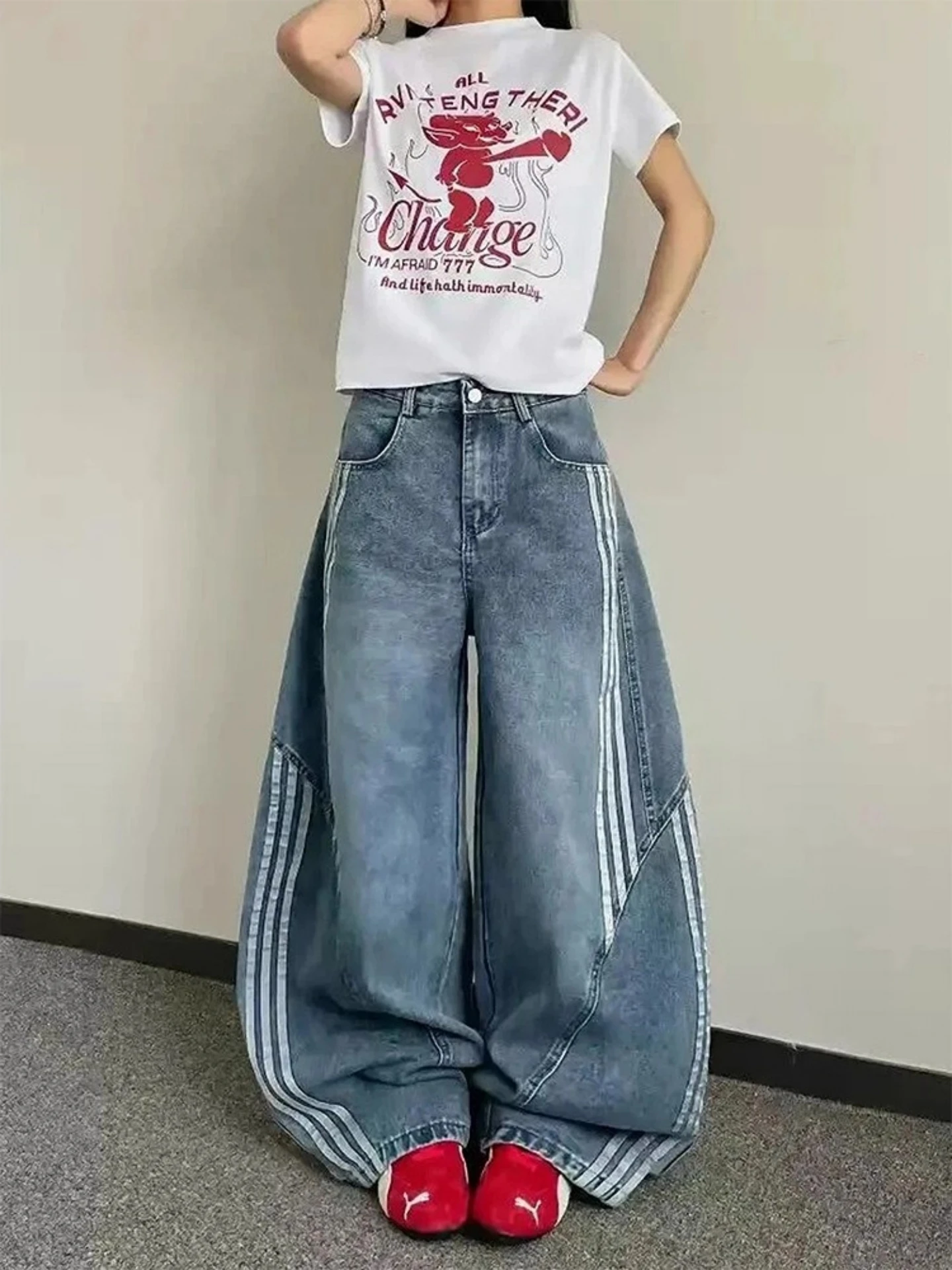 아메리칸 슬레 하이웨이스트 스트레이트 레그 진 여성용 패치워크 와이드 레그 팬츠 트렌디 하이 스트리트 루즈핏 블루 데님