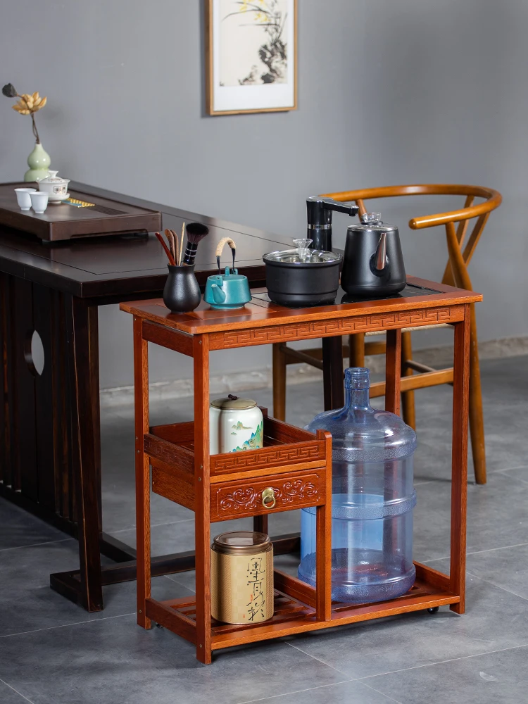 Solid wood mobile small tea table, side cabinet, tea table, balcony, office, kettle integrated