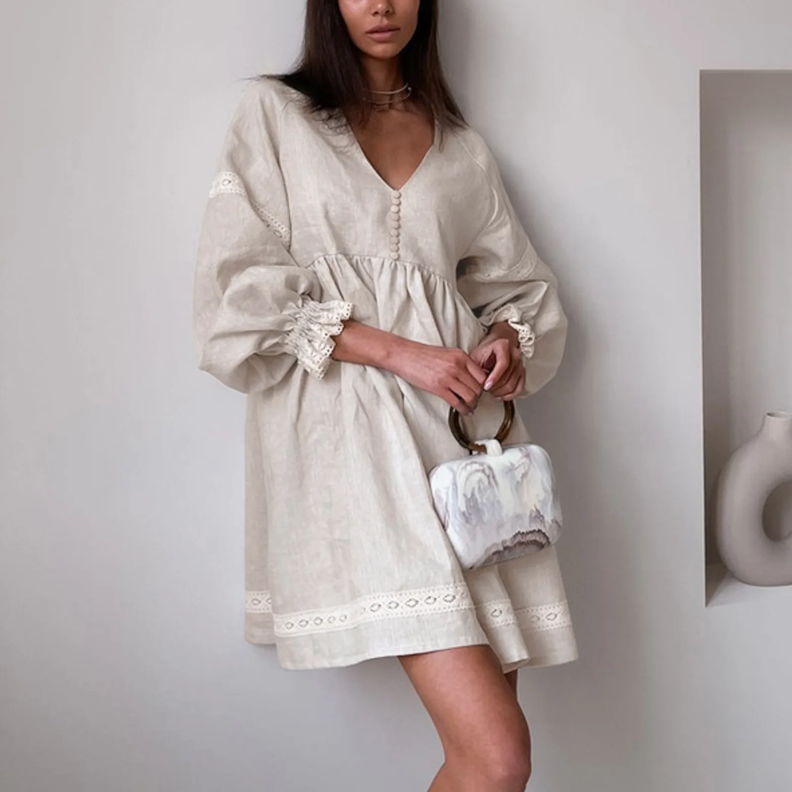 

Summer Cotton Linen French Style Dress Commuter Fashion Patchwork Lace Casual Loose Dress Women Sexy V Neck Lantern Sleeve Dress