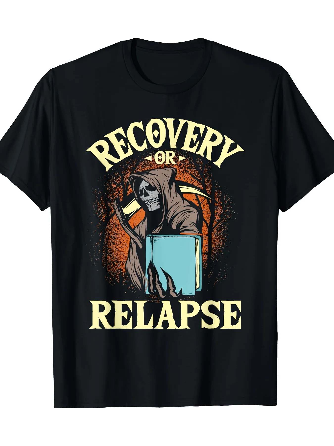 

Men'S 'Recovery Or Relapse' Sober T-Shirt- 100% Cotton, Vintage Style, Short Sleeve, Black With Bold Orange Letters, NA AA Meeti