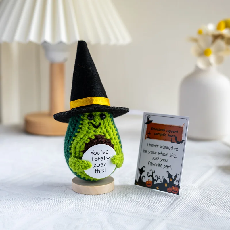 Funny Positive Knitted Pumpkin with Affirmation Card Halloween Home Room Decoration DIY Handmade Yarn Crochet Dinosaur Doll Gift