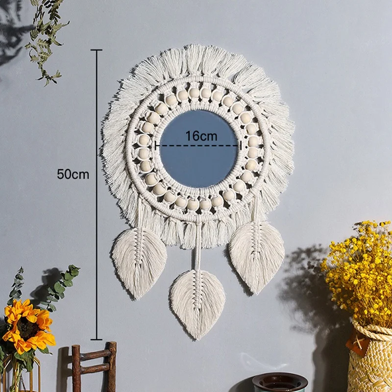 Pendurado Wall Mirror Franja Pingente, Contas de Madeira Redonda Branca, Ornamento Decorativo para Apartamento Quarto e Sala