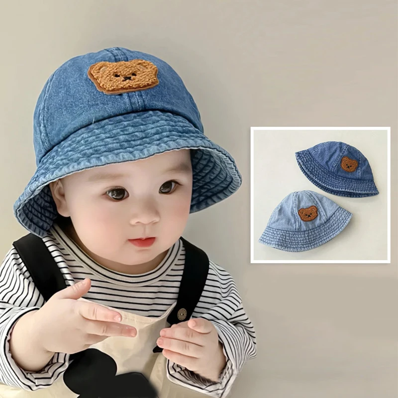Baby Denim Bucket Hat Cute Korean Bear Baby Boy Girl Sun Protection Cap Casual Summer Toddler Cowboy Panama Fisherman Hat
