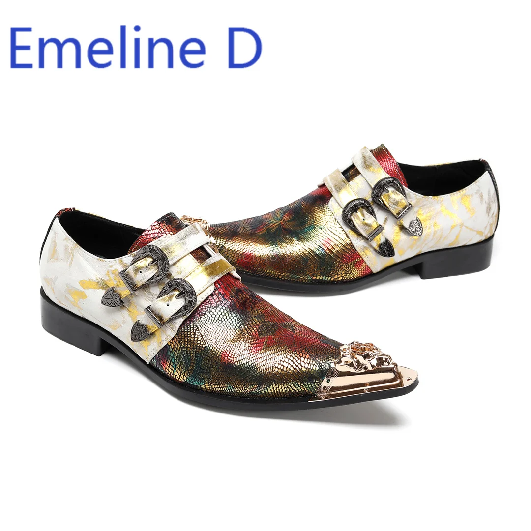 

Colorful Double Belt Buckle Leather Shoes Fashionable New Style Pointed Printing Technology Design Trendy Casual Leather Shoes