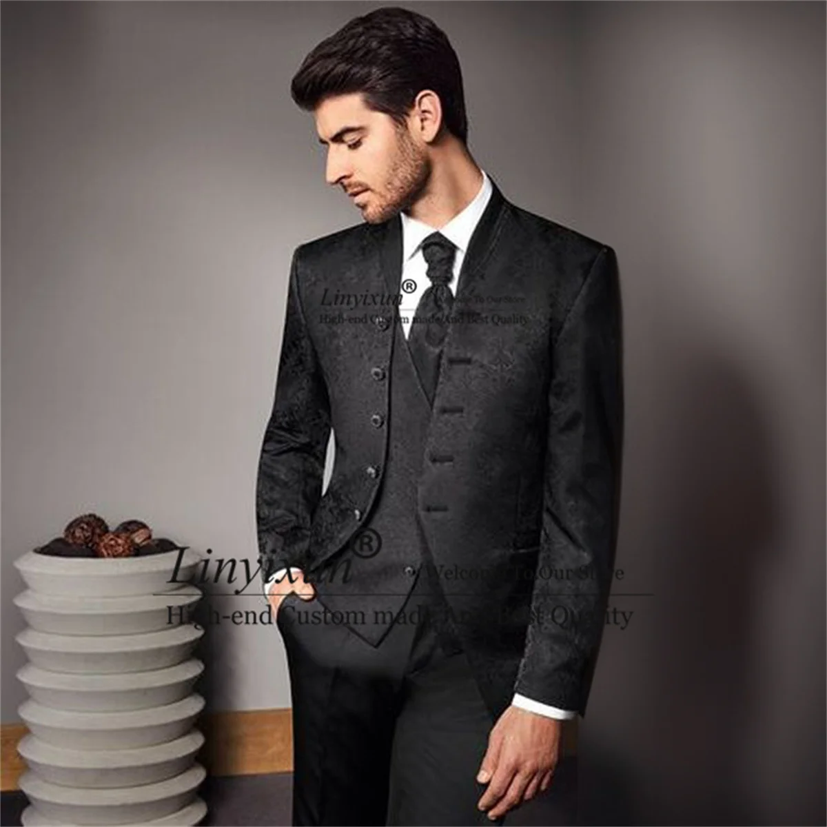 

Black Jacquard Wedding Suits For Men Shawl Lapel Groom Tuxedo 3 Pieces Male Prom Blazer Vest Pants Outfit Slim Fit Costume Homme