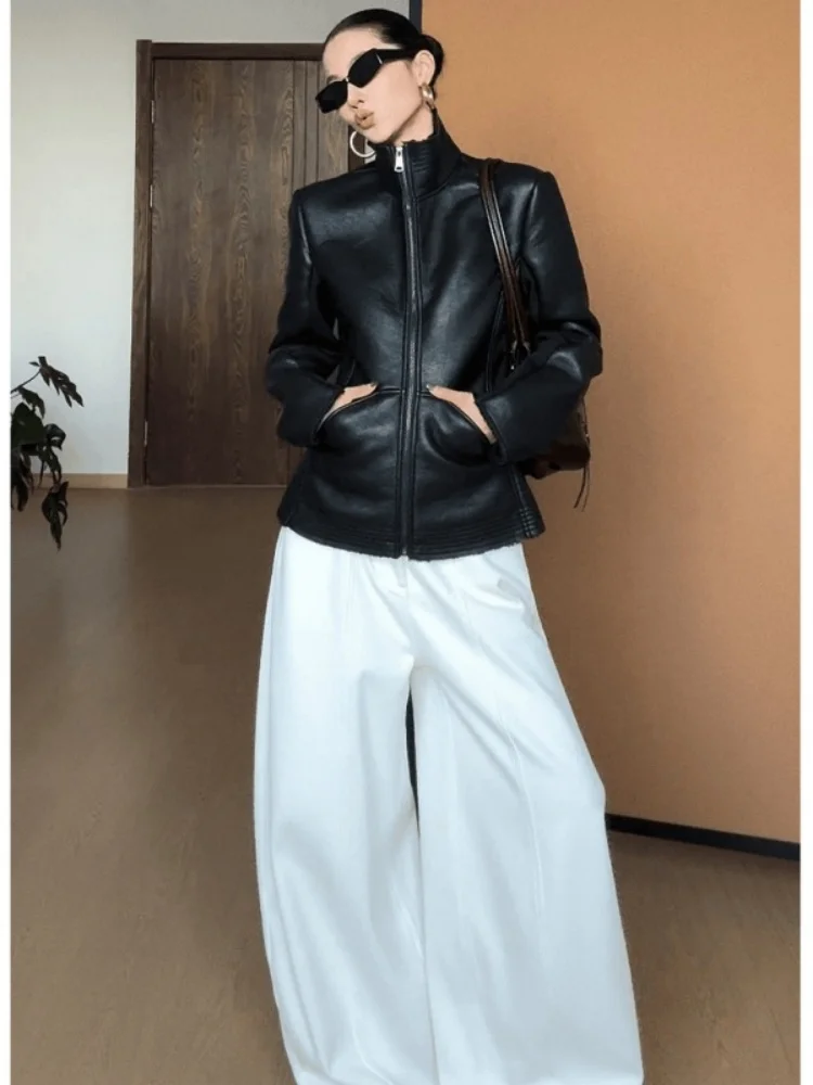 

Ele Women's Stand Collar Leather Jaet And Loose Wide Leg Pants Two Piece Set Spring Faion Outfit Casual Wear