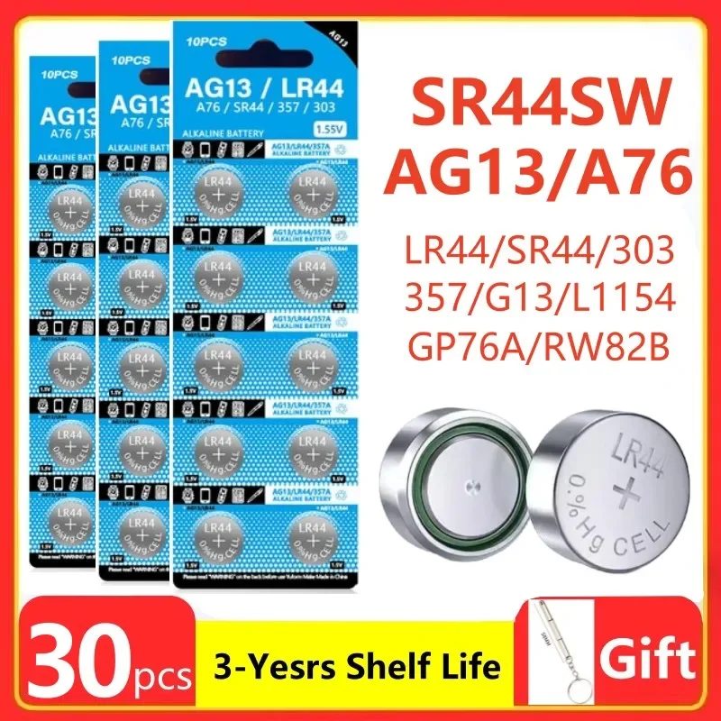 Pila alcalina de botón AG13, LR44, A76, 1,5 V, SR44SW, pila 357, 303, para relojes, juguetes, paquete de batería de litio sin mercurio, 30 piezas