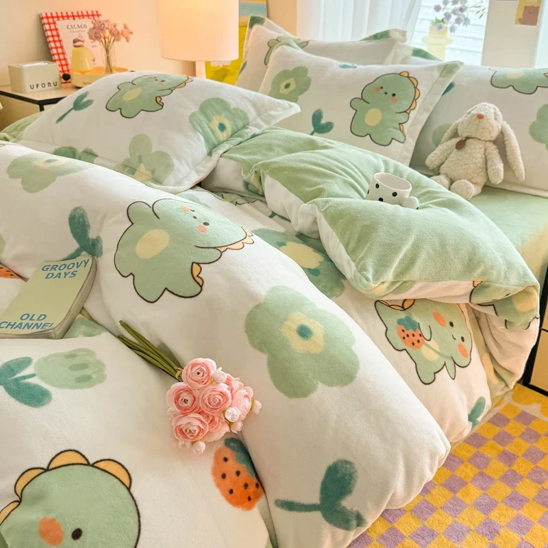 

2024 New Milk Velvet Cartoon Print Single Quilt Set Thickened Warm Duvet Cover in Autumn and Winter Bedding for Students 180x220