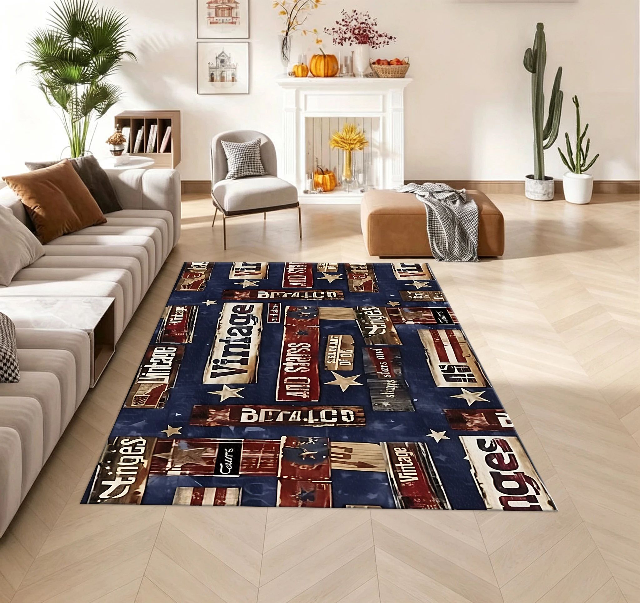 Vintage American Flag Stars Slogan Printed Carpet Retro Collage Style Floor Mat Home Decorative Carpet