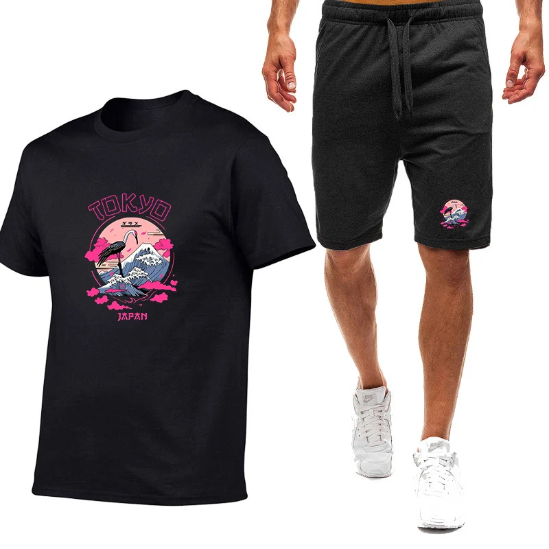 

Tokyo casual pattern Print 2026 Men's New Summer Nine Color Short-sleeved Set Trendy T-shirt Top + Short Pant Suit