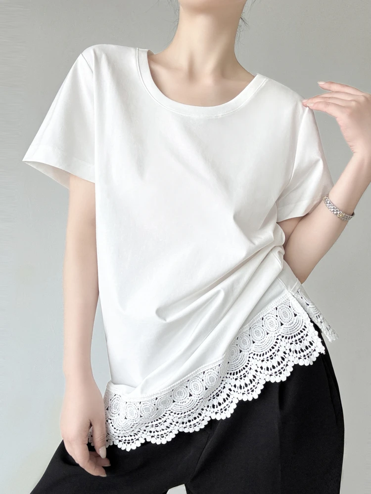 

Свободная женская футболка средней длины с коротким рукавом и U-образным вырезом, с кружевной отделкой, повседневный хлопковый летний топ для прогулок, поездок на работу, дома и путешествий