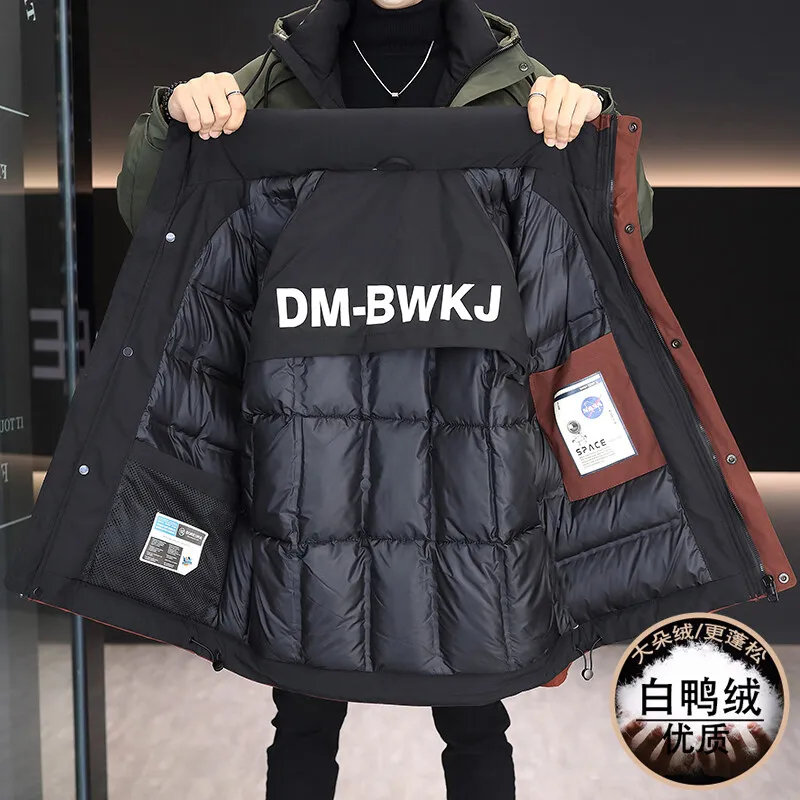 Men's down jacket, solid color hooded white duck down workwear warm jacket, fashionable windbreaker