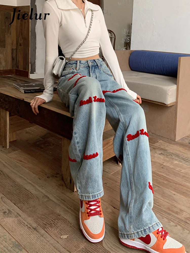 

Jielur Letter Embroidery Jeans Female Autumn Korean Jeans New Style Retro High Waist Wide Leg Blue Denim Pants Women S-XL