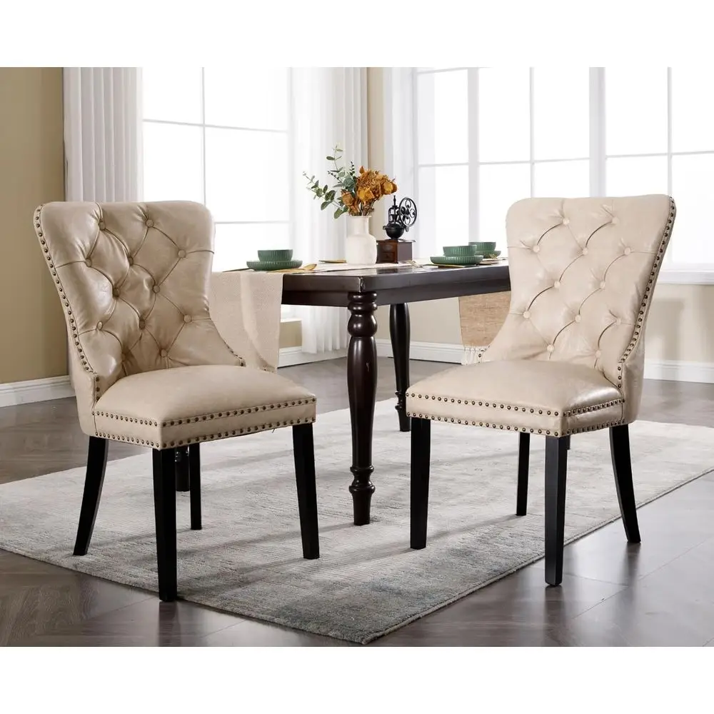 

Vintage Beige Leather Dining Chairs Set of 2, Mid-Century Modern Style, Upholstered with Nailhead Trim, Ideal for Kitchen/Cafe D