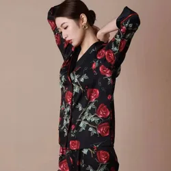 Satin Women Pajamas Set 2 Pieces Long Sleeve Pant Home Suit Ice Silk Print Lounge Wear Nightwear Can Be Worn Externally Outfits