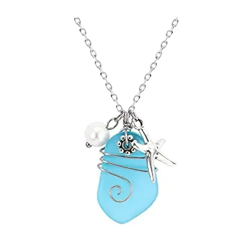 

Vintage Blue Beach Sea Glass Necklace Beach Necklace Starfish Charm Wire Wrapped Blue Sea Glass Necklace for Women Gift