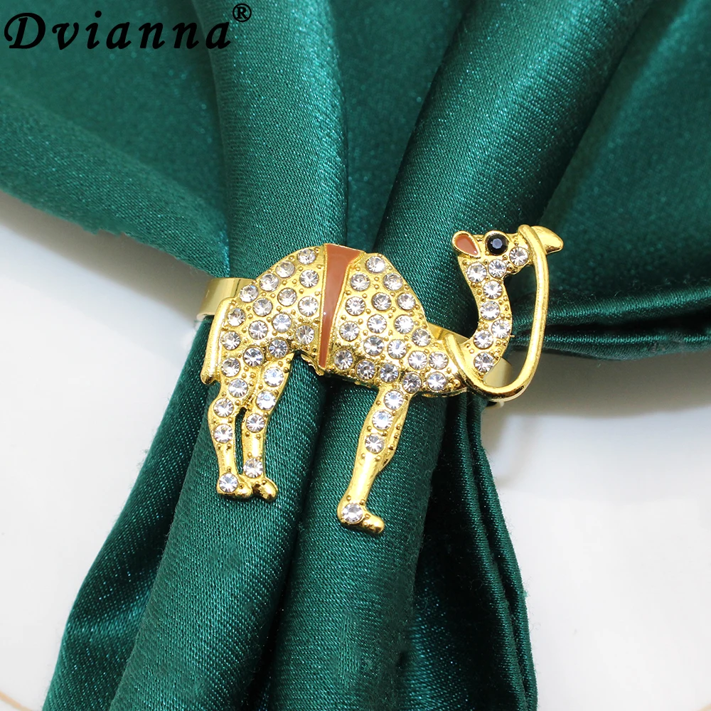 6Pcs New Camel Napkin Rings Rhinestone Gold Animal Napkin Buckles Decorative Serviette Holders for Birthday Holiday Table Decor