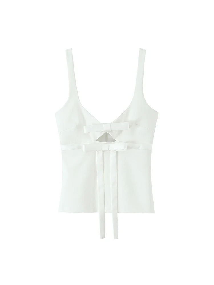 

SIYANG Women Fashion With Bow White Hollow Out Backless Zipper Vest Vintage Straps Square Collar Female Chic Lady Tank Tops