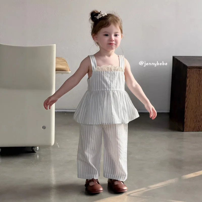 

jennybebeGirls' Summer Outfit Two-Piece Set: Stylish Striped Camisole Top and Wide-Leg Pants Set