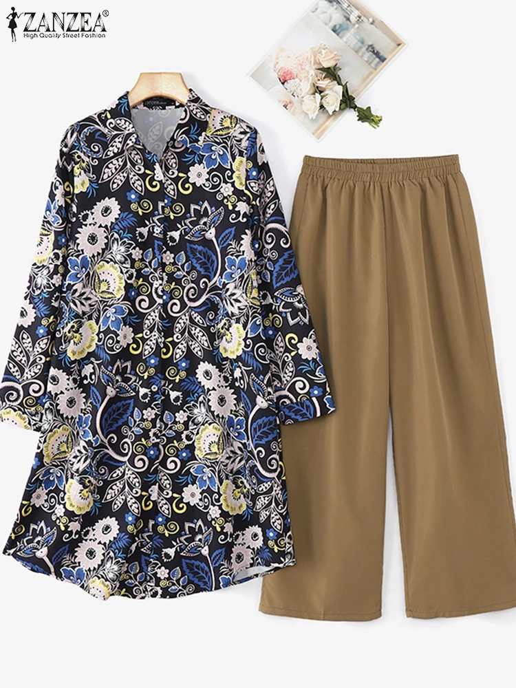 

ZANZEA Vintage Women Pant Sets Long Sleeve Floral Blouses Wide Leg Long Pants OL Work Loose Matching Sets Two-piece Outfits