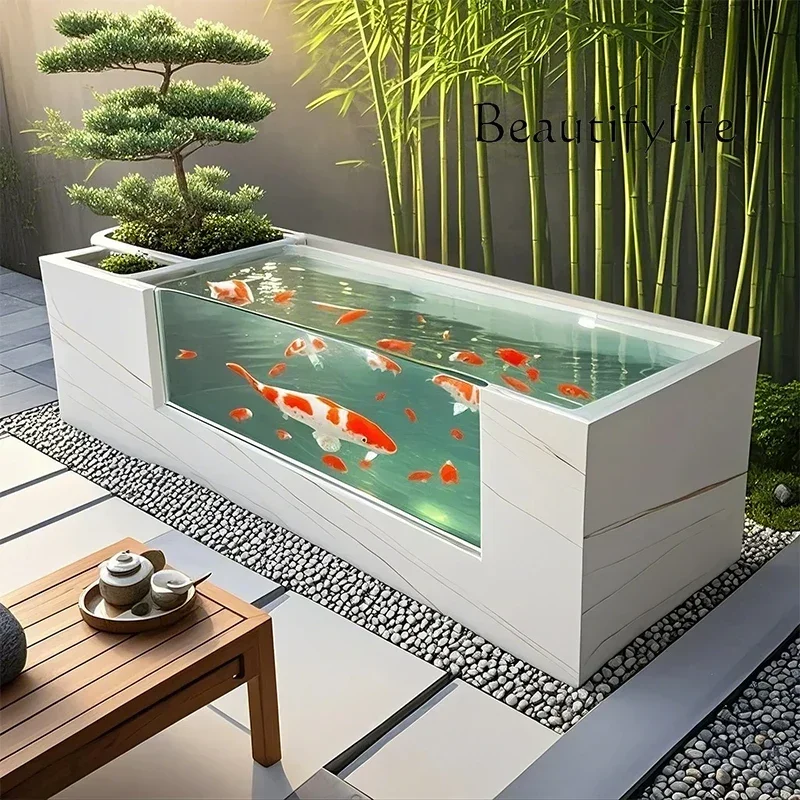 A63  Rock slab floor-to-ceiling fish pond Double-layer thickened glass landscape fish tank Outdoor balcony Turtle courtyard Ecol