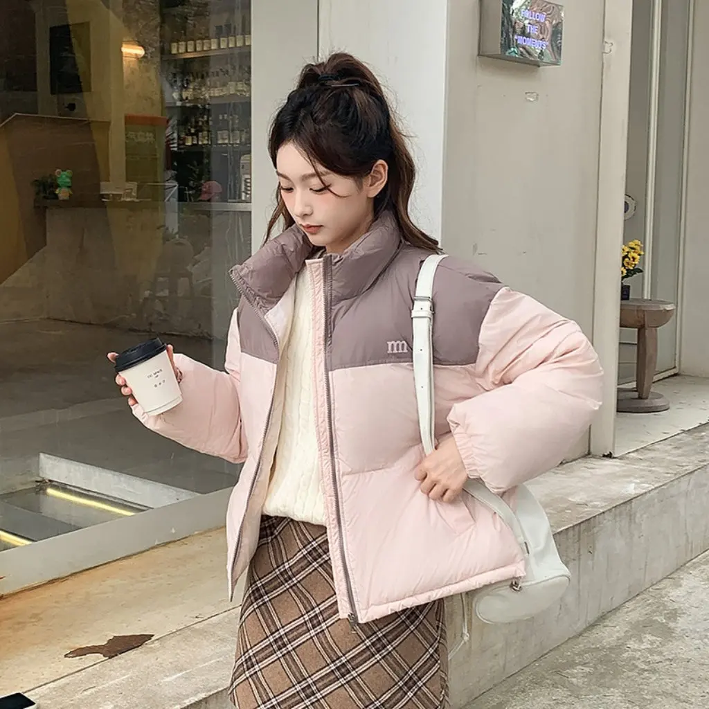レディース厚手綿入りコートショート丈冬韓国風ゆったりフィット配色襟パンコート