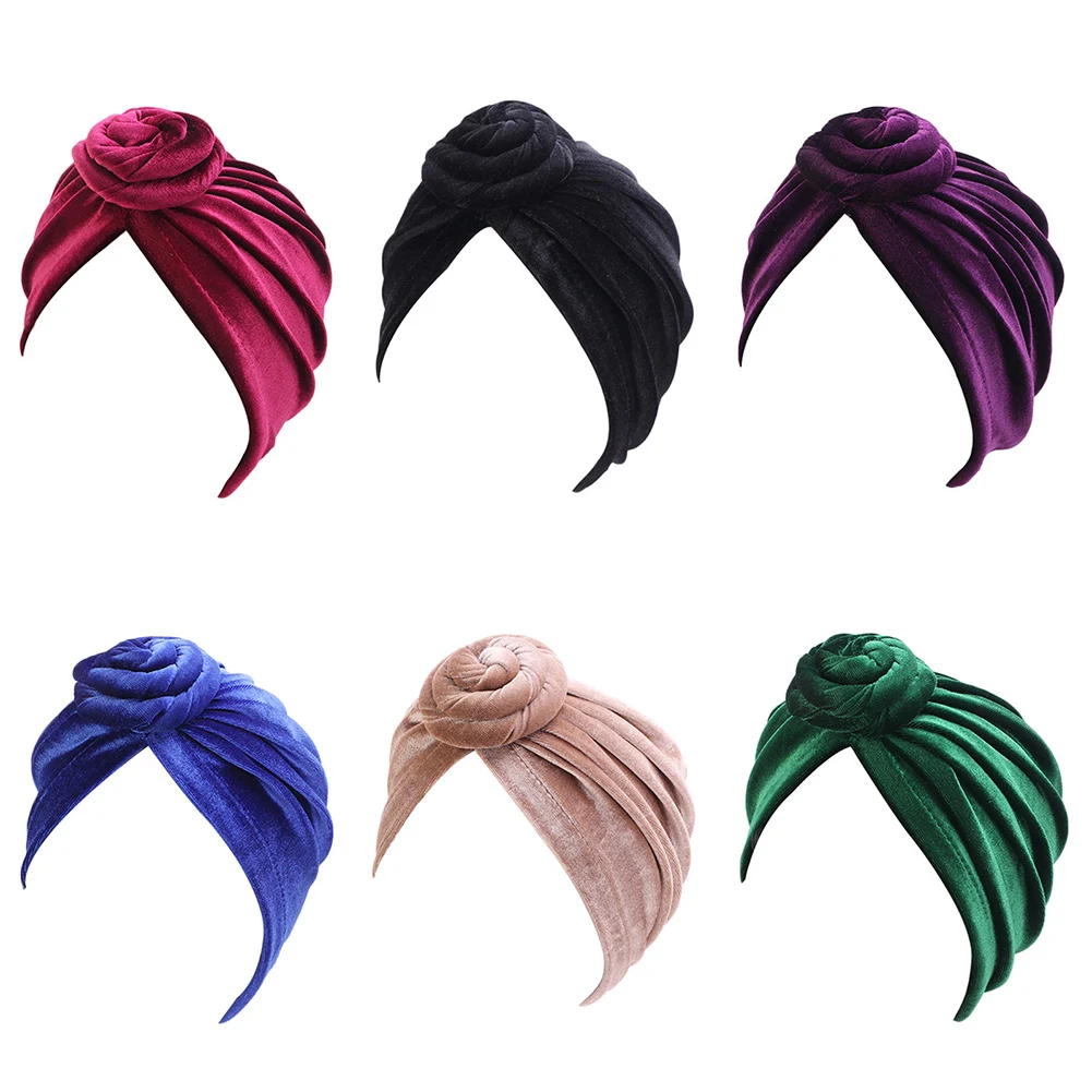 

Women Velvet Turban Hats Pre Tied African Knot Solid Color Chemo Covers Caps Elastic Muslim Hijabs Headwraps Beanies Caps