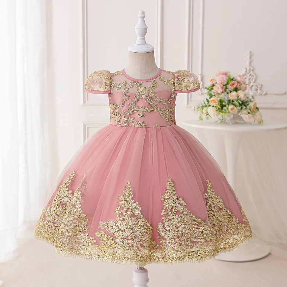 

Lace Embroidery Vintage Kids Princess Dresses for Girls Ruffles Gold Luxury Elegant Party Children's Dress Formal Vestidos ASQ03