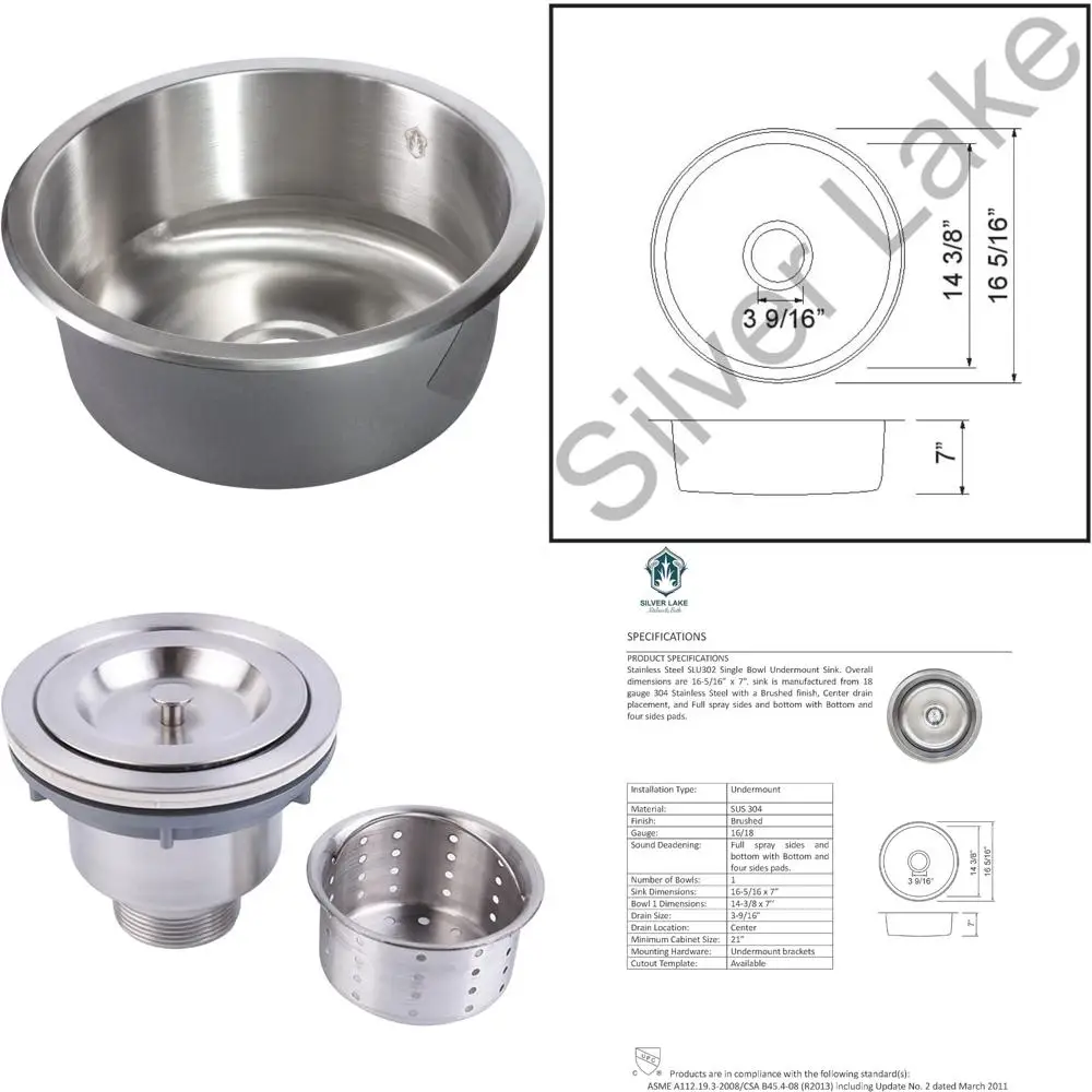 

18-Gauge Stainless Steel Undermount Kitchen Bar Sink with Brushed Nickel Strainer and Clips, 14-Round Capacity