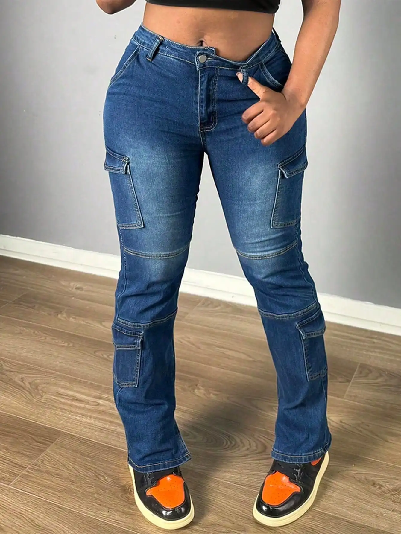 

Женские джинсы карго с высокой талией, 6 карманами, из эластичного денима, в уличном стиле Y2K, свободного кроя для подростков и девушек